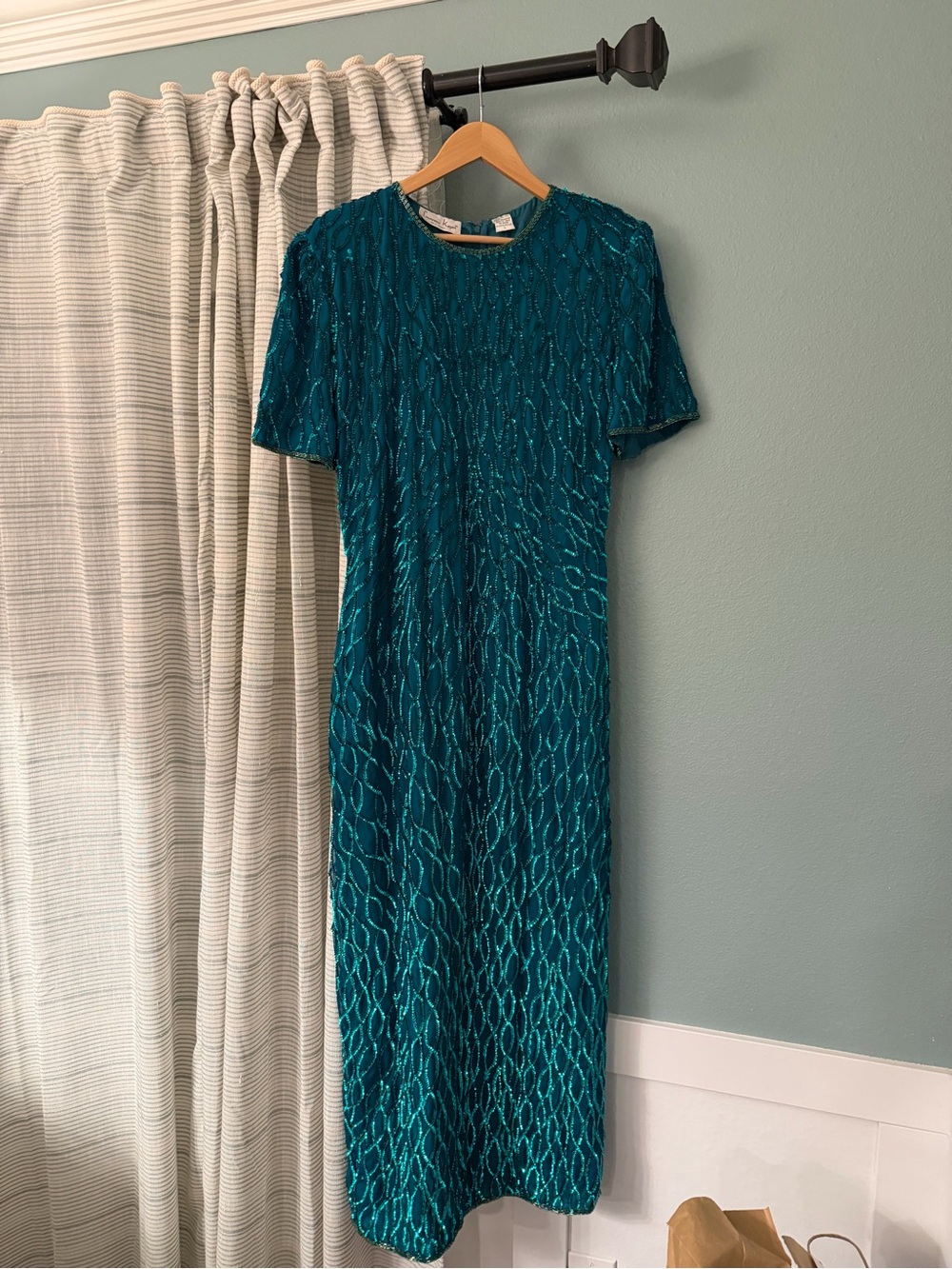Lawrence Kazar Silk Vintage Teal Beaded Short-Sleeve Evening Dress L